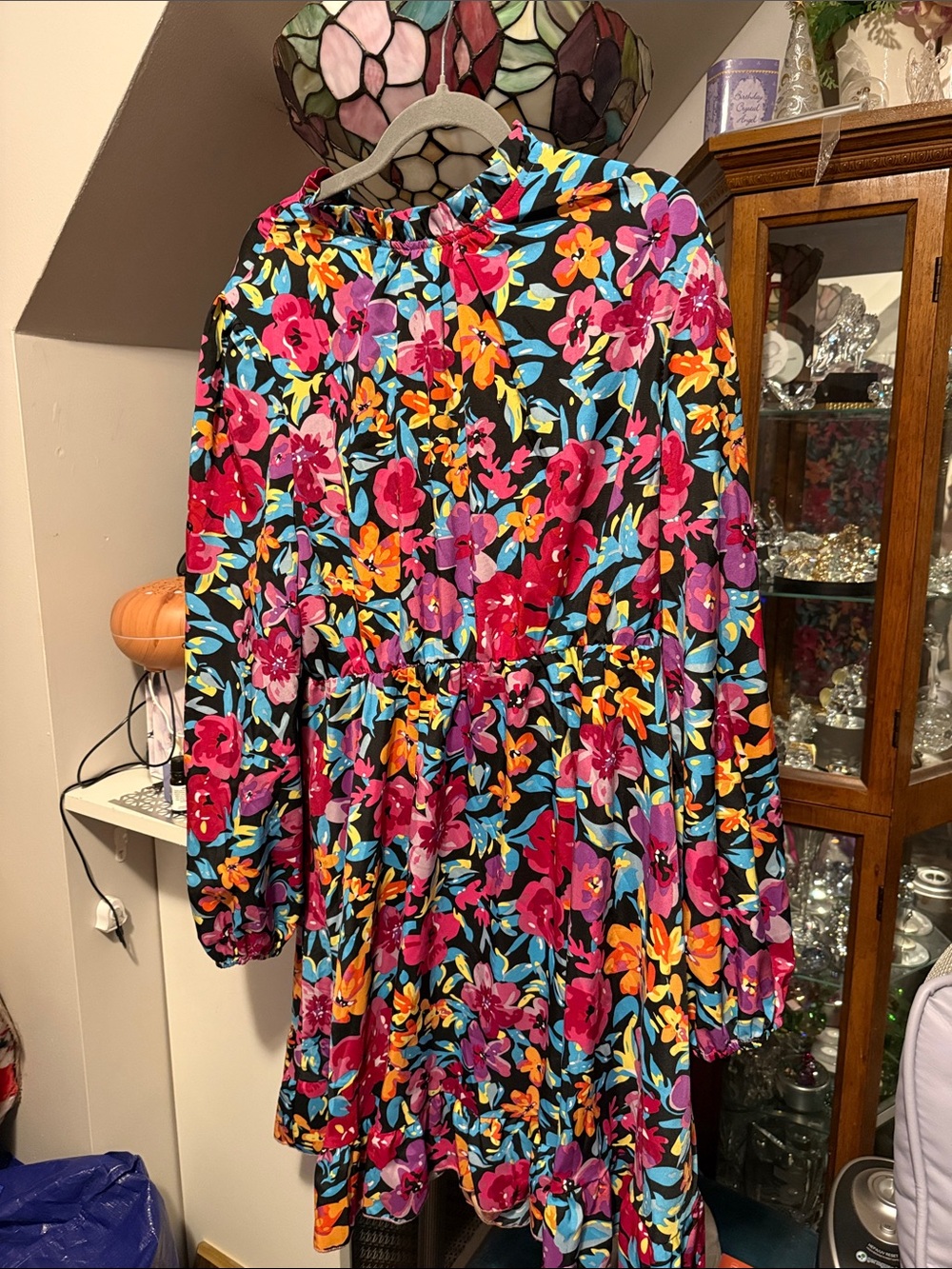 SHEIN Black Floral Long Sleeve Mini Dress with Pink, Purple & Orange Blossoms